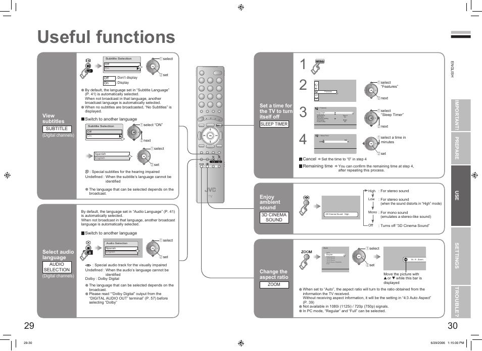 Useful functions, Useful functions ······························ 29, Subtitle / audio selection / sleep timer | Zoom / multi-picture, etc | JVC DynaPix LT-32DX7SSP User Manual | Page 17 / 31