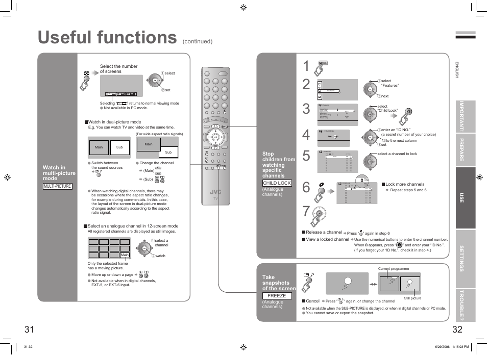 Useful functions, Continued), Watch in multi-picture mode | Stop children from watching speciﬁc channels, Take snapshots of the screen | JVC DynaPix LT-32DX7SSP User Manual | Page 18 / 31