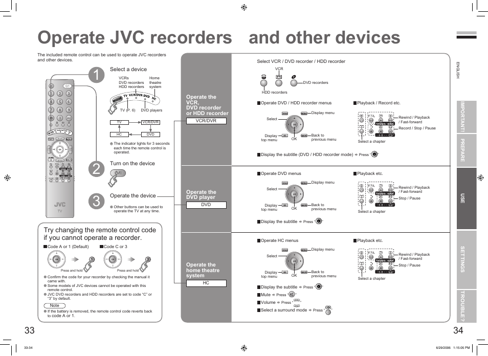Operate jvc recorders and other devices, Operate jvc recorders and other devices ··· 33, Operate jvc recorders | And other devices | JVC DynaPix LT-32DX7SSP User Manual | Page 19 / 31