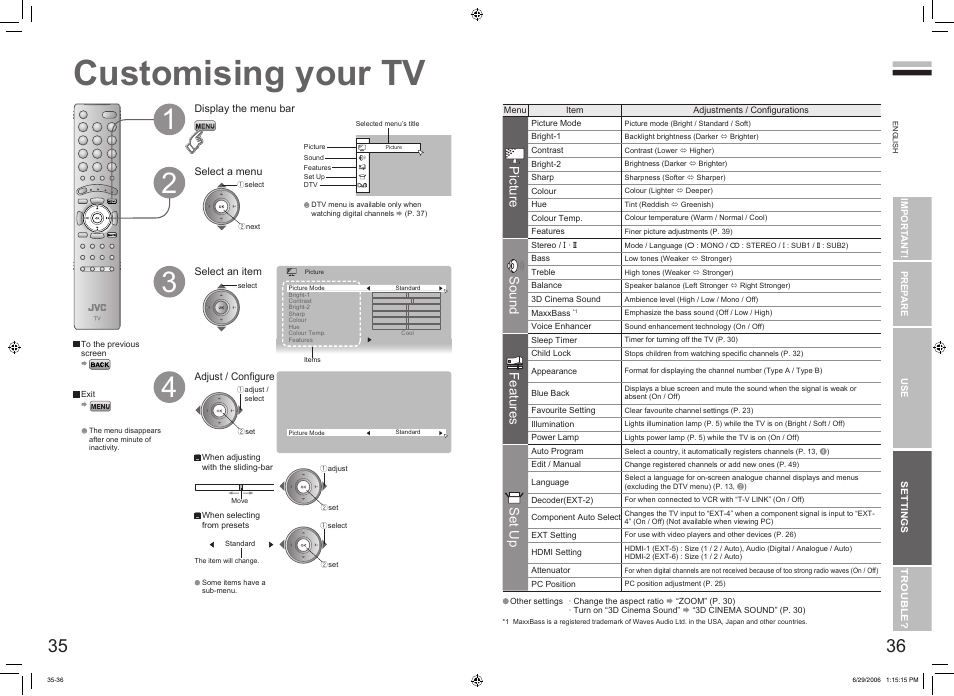 Just the way you like it, Customising your tv, Customising your tv ······················ 35 | Picture, Sound, Features, Set up | JVC DynaPix LT-32DX7SSP User Manual | Page 20 / 31