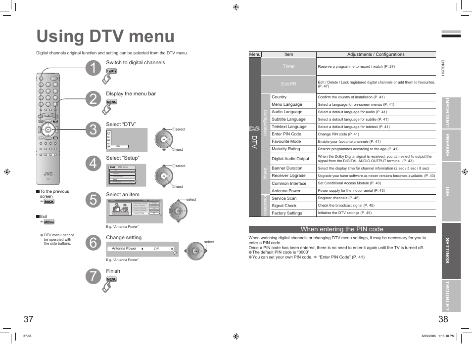 Using dtv menu, Using dtv menu ···························· 37, When entering the pin code | JVC DynaPix LT-32DX7SSP User Manual | Page 21 / 31