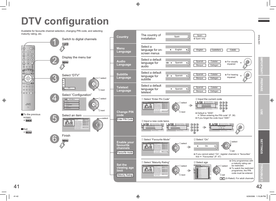 Dtv configuration, Dtv conﬁguration ·························· 41, Dtv conﬁguration | Change pin code, Enable your favourite channels, Set the viewing age limit | JVC DynaPix LT-32DX7SSP User Manual | Page 23 / 31