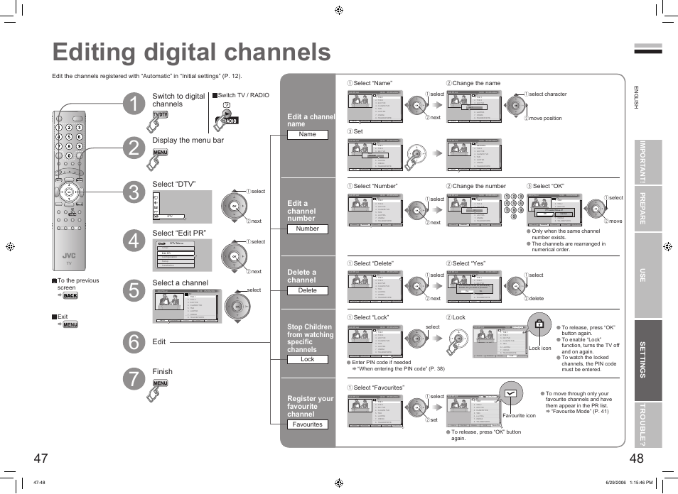 Editing digital channels, Editing digital channels ·················· 47, Stop children from watching specific channels | Register your favourite channel, Delete a channel, Edit a channel name, Edit a channel number, Switch to digital channels, Import ant! prep are use settings trouble, Lock | JVC DynaPix LT-32DX7SSP User Manual | Page 26 / 31