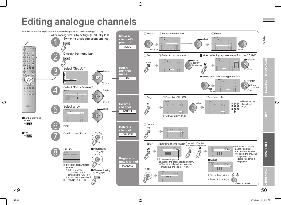 Editing analogue channels, Editing analogue channels ············· 49, Select a row edit | Edit a channel name, Insert a channel, Delete a channel, Register a new channel, Import ant! prep are use settings trouble, Move, Insert | JVC DynaPix LT-32DX7SSP User Manual | Page 27 / 31