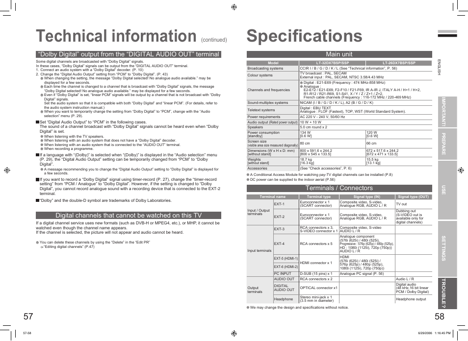 Specifications, Speciﬁcations ································· 58, Speciﬁcations | Technical information, Main unit terminals / connectors, Digital channels that cannot be watched on this tv | JVC DynaPix LT-32DX7SSP User Manual | Page 31 / 31