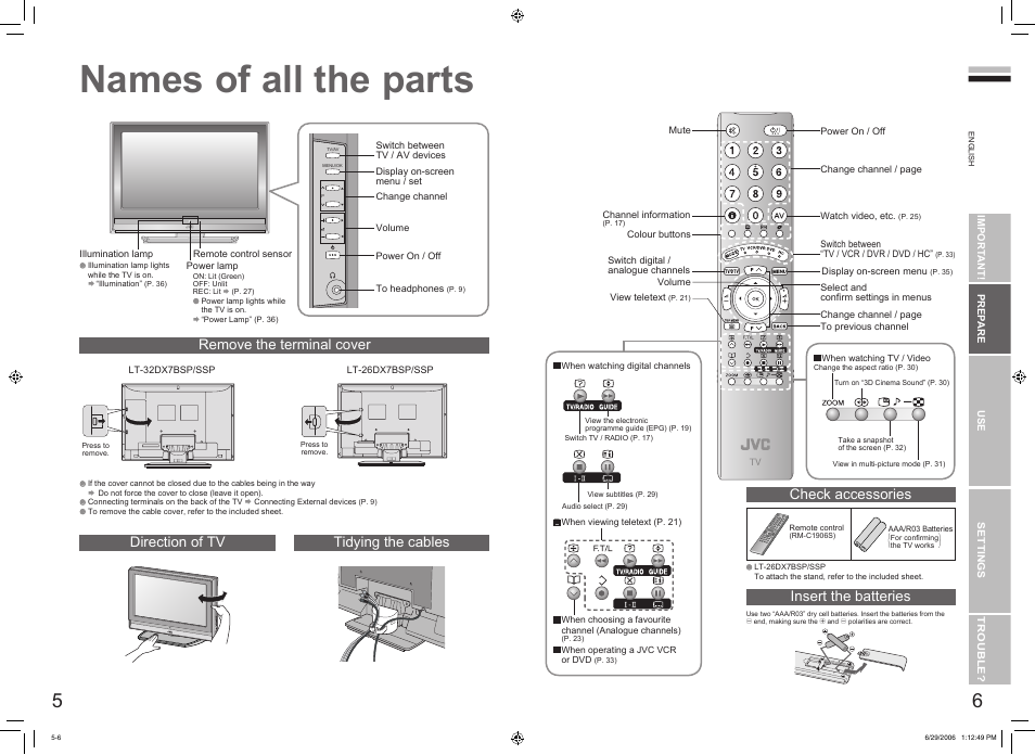 Getting started, Names of all the parts, Names of all the parts ······················ 5 | Remove the terminal cover direction of tv, Check accessories, Insert the batteries, Tidying the cables | JVC DynaPix LT-32DX7SSP User Manual | Page 5 / 31