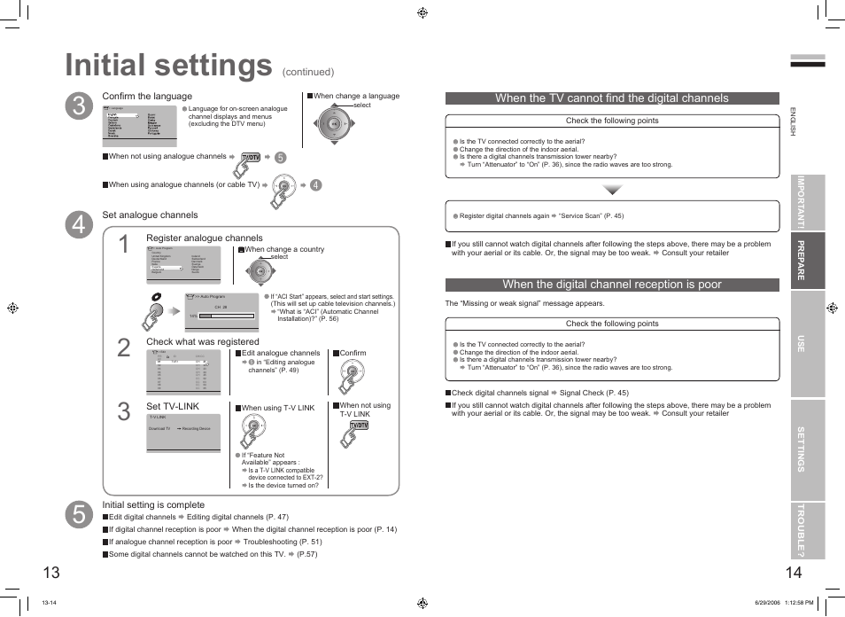 Initial settings, When the tv cannot ﬁnd the digital channels, When the digital channel reception is poor | Continued) | JVC DynaPix LT-32DX7SSP User Manual | Page 9 / 31