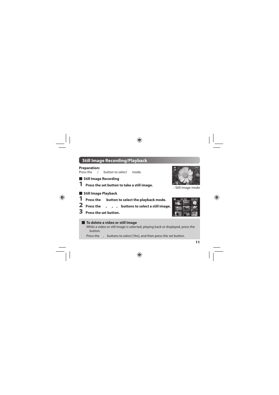 Still image recording/playback | JVC 1SM321404 User Manual | Page 11 / 12
