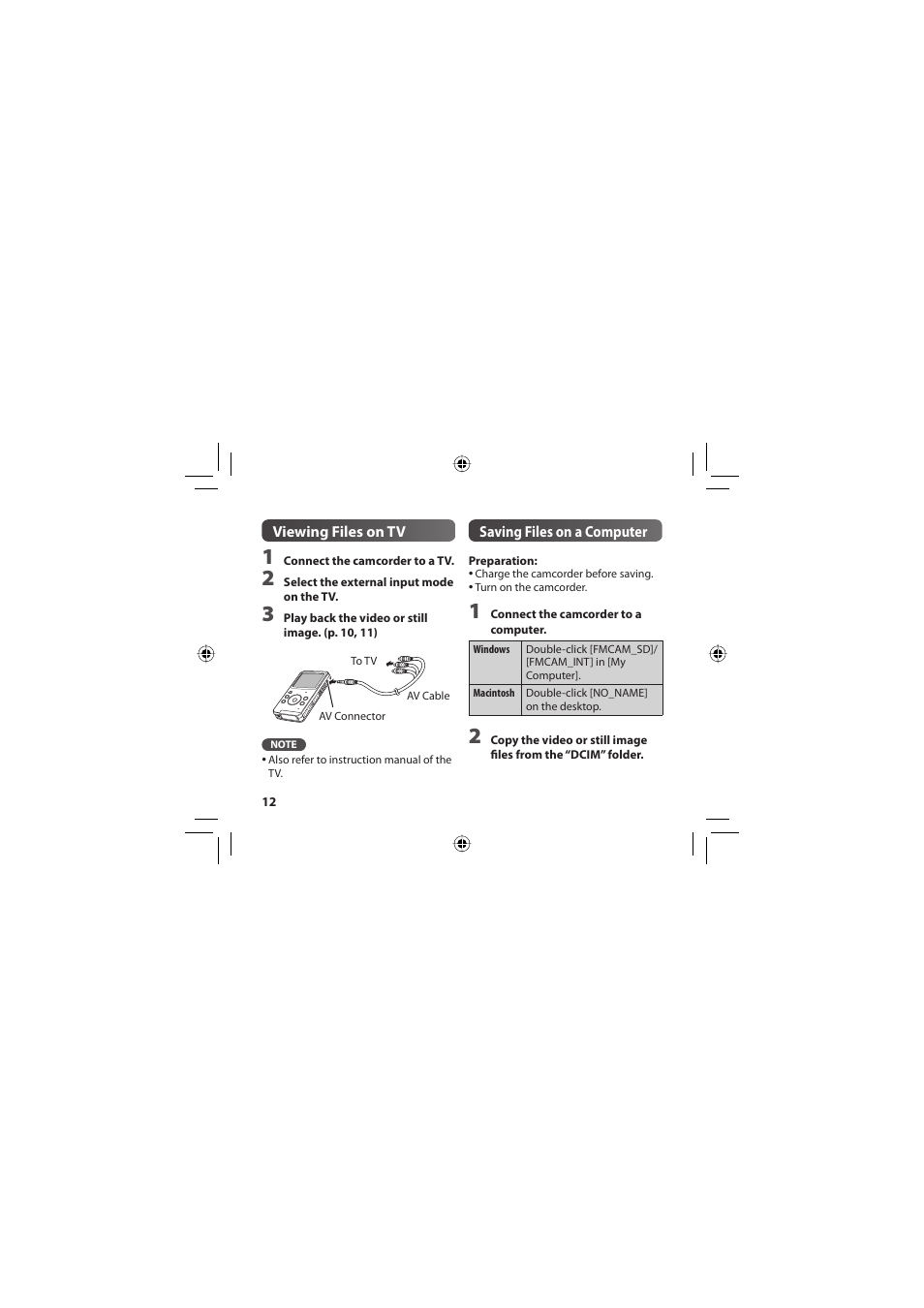 Viewing files on tv, Saving files on a computer | JVC 1SM321404 User Manual | Page 12 / 12