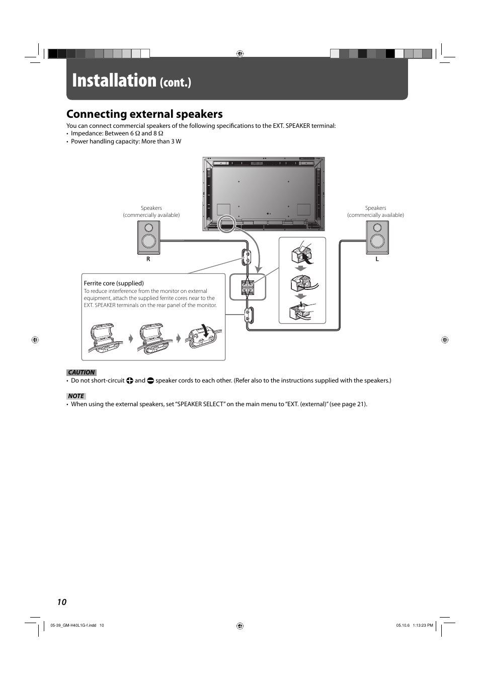 Connecting external speakers, Installation, Cont.) | JVC GM-H40L1G User Manual | Page 10 / 40