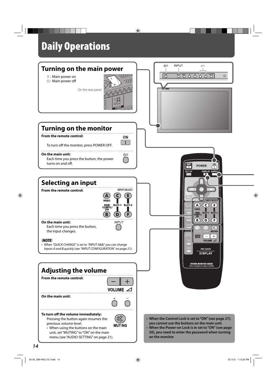 Daily operations, Turning on the main power, Turning on the monitor | Selecting an input, Adjusting the volume | JVC GM-H40L1G User Manual | Page 14 / 40