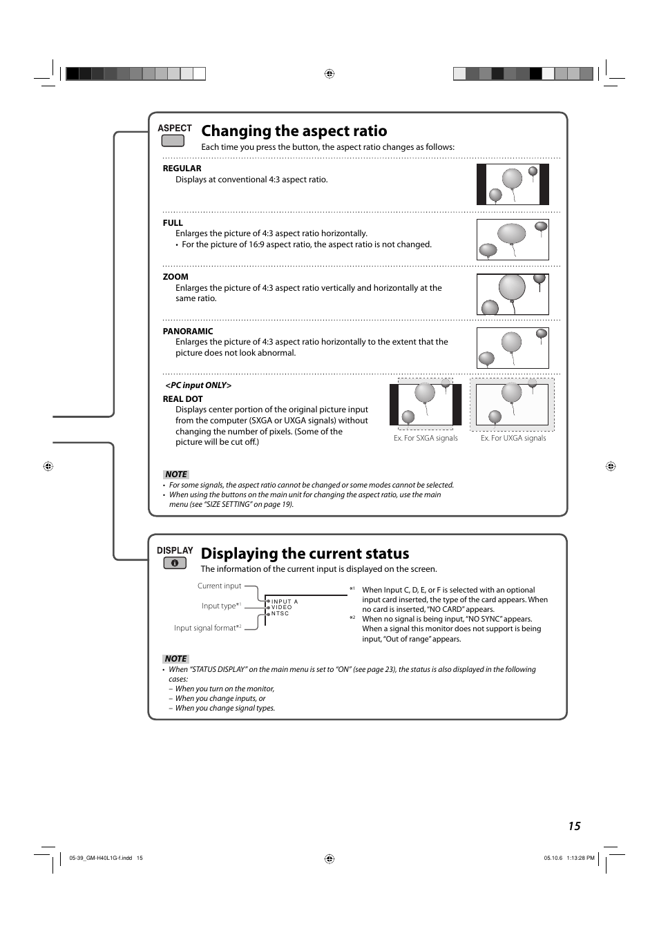 Changing the aspect ratio, Displaying the current status | JVC GM-H40L1G User Manual | Page 15 / 40