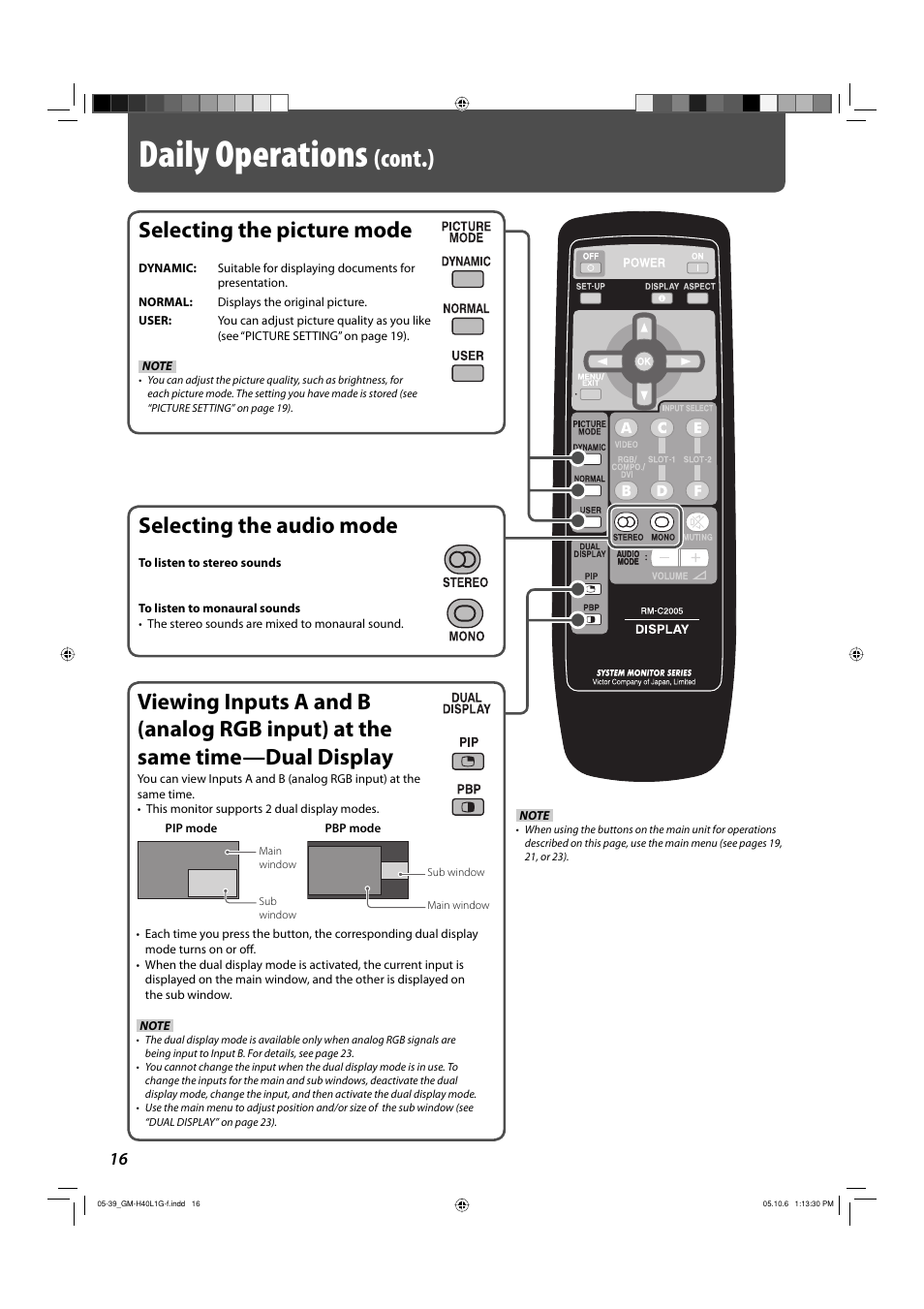 Selecting the picture mode, Selecting the audio mode, Daily operations | Cont.) | JVC GM-H40L1G User Manual | Page 16 / 40