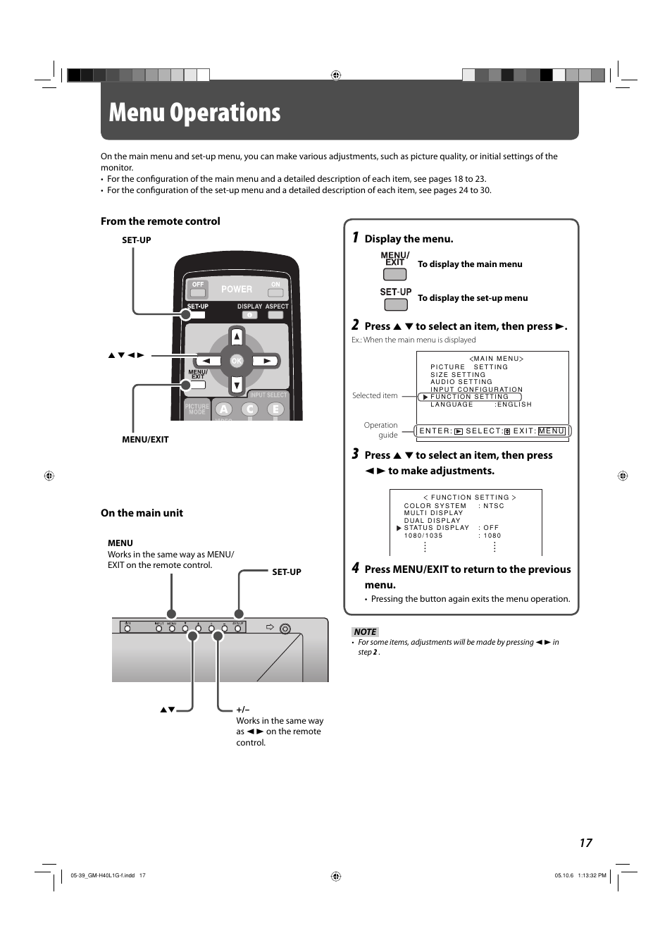 Menu operations | JVC GM-H40L1G User Manual | Page 17 / 40