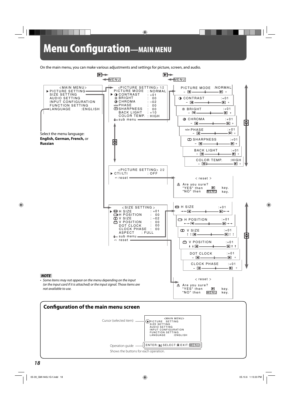 Menu configuration —main menu, Menu conﬁ guration, Main menu | Conﬁ guration of the main menu screen | JVC GM-H40L1G User Manual | Page 18 / 40