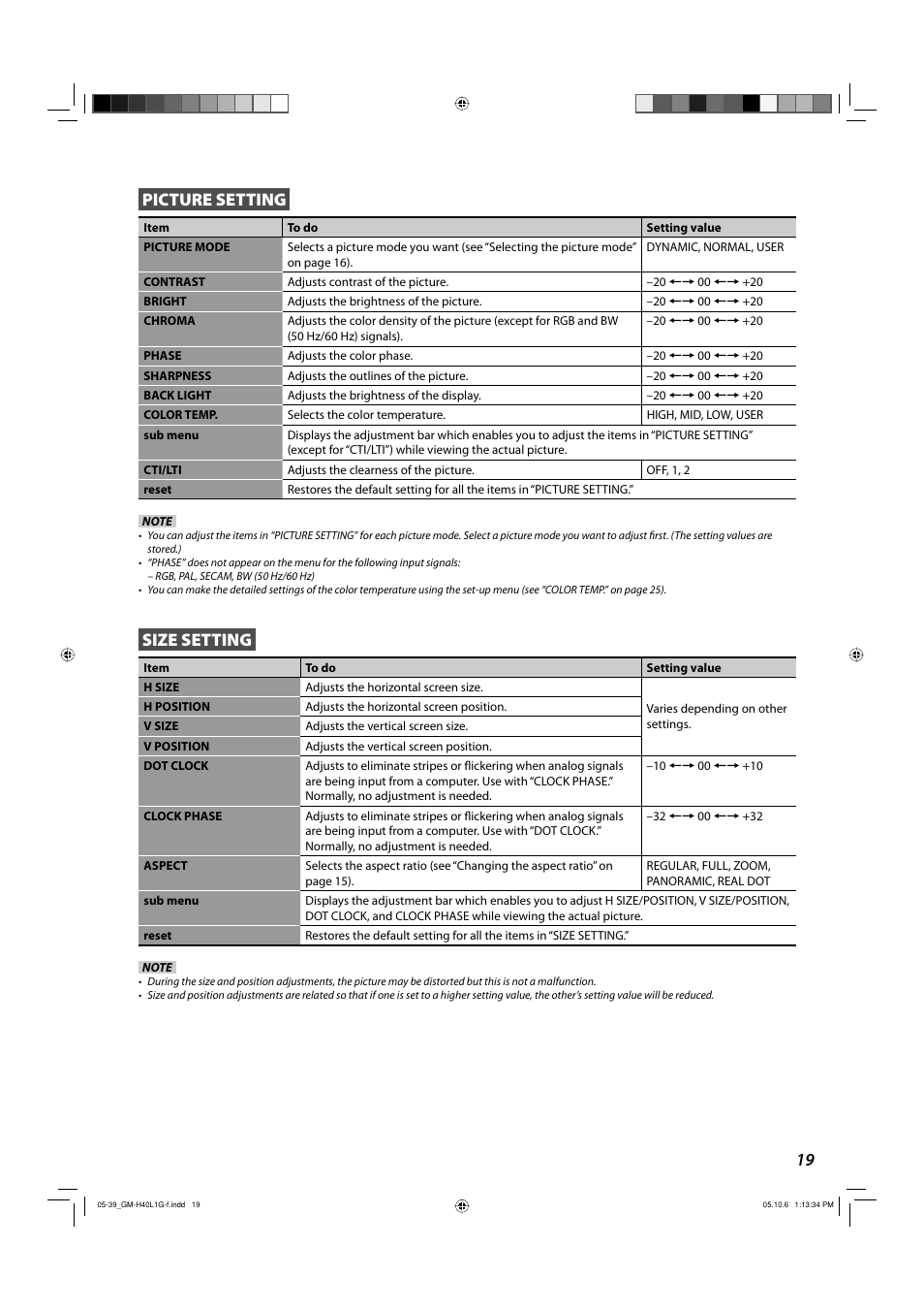 19 picture setting, Size setting | JVC GM-H40L1G User Manual | Page 19 / 40