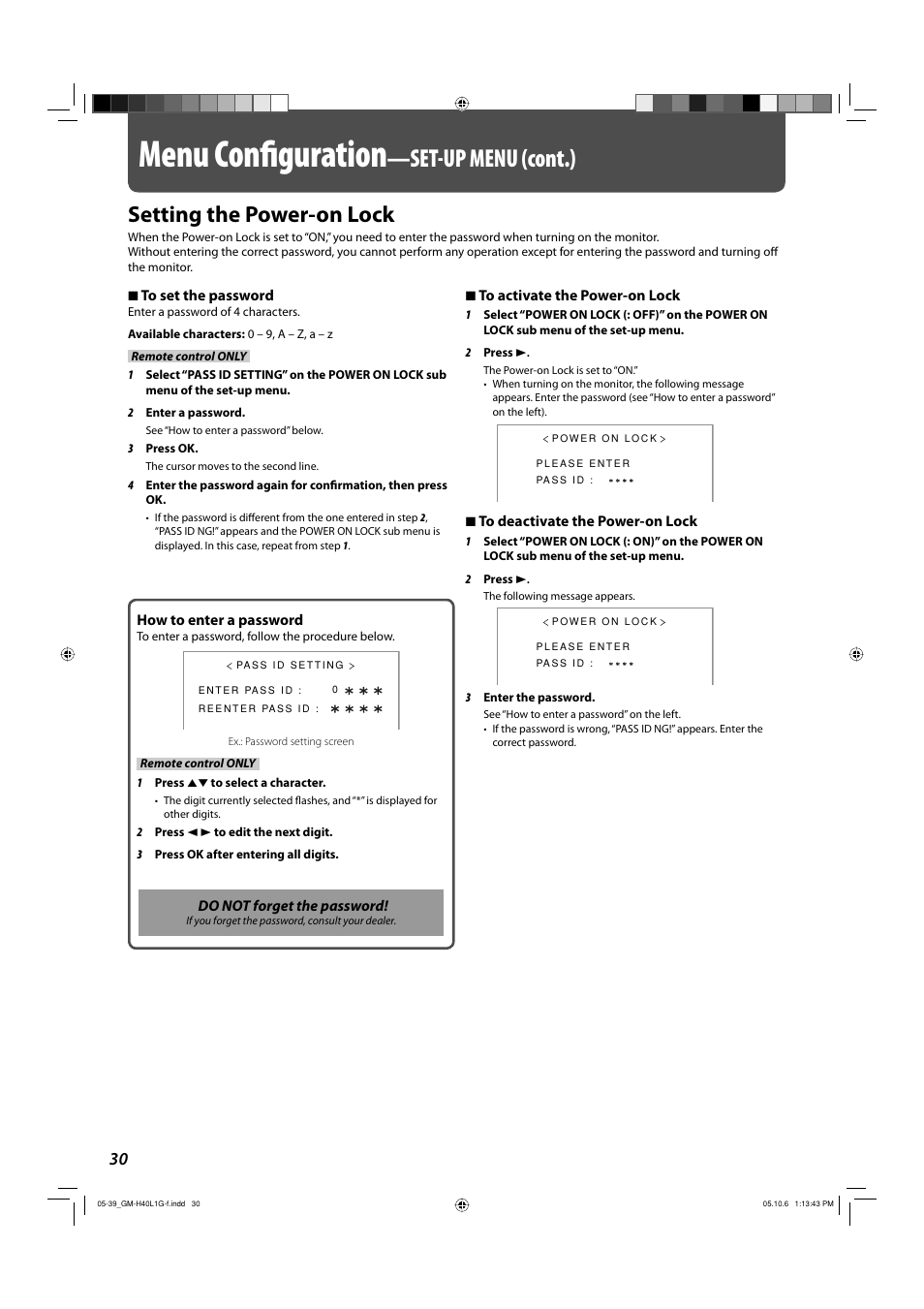 Setting the power-on lock, Menu conﬁ guration, Set-up menu (cont.) | JVC GM-H40L1G User Manual | Page 30 / 40