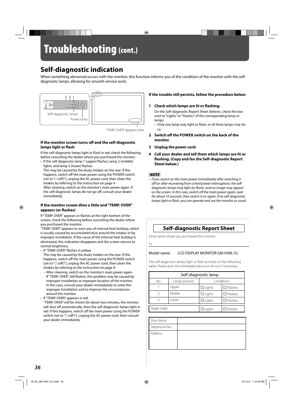 Self-diagnostic indication, Troubleshooting, Cont.) | Self-diagnostic report sheet | JVC GM-H40L1G User Manual | Page 36 / 40