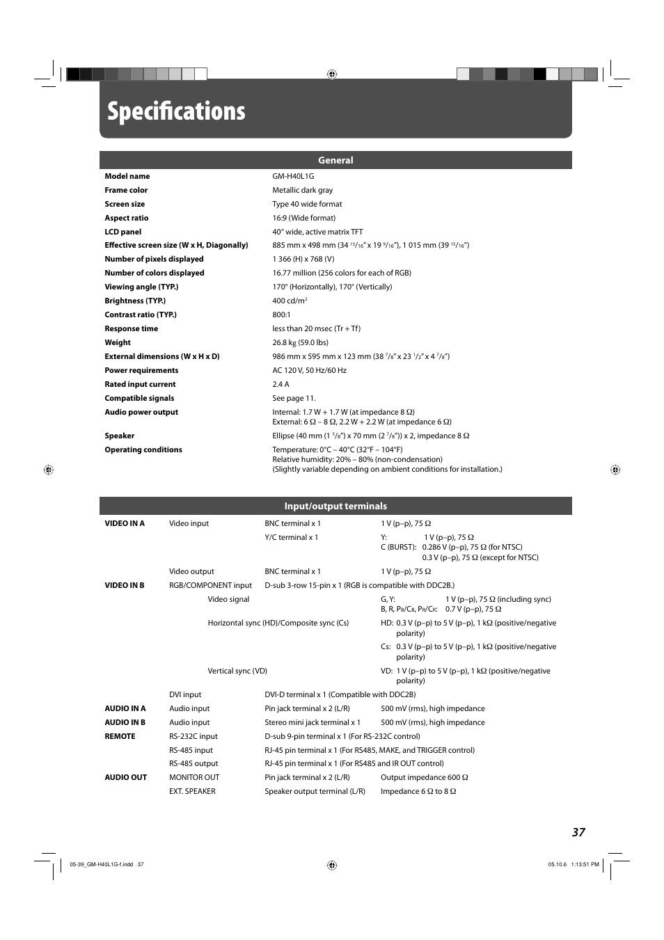 Specifications, Speciﬁ cations, General | Input/output terminals | JVC GM-H40L1G User Manual | Page 37 / 40