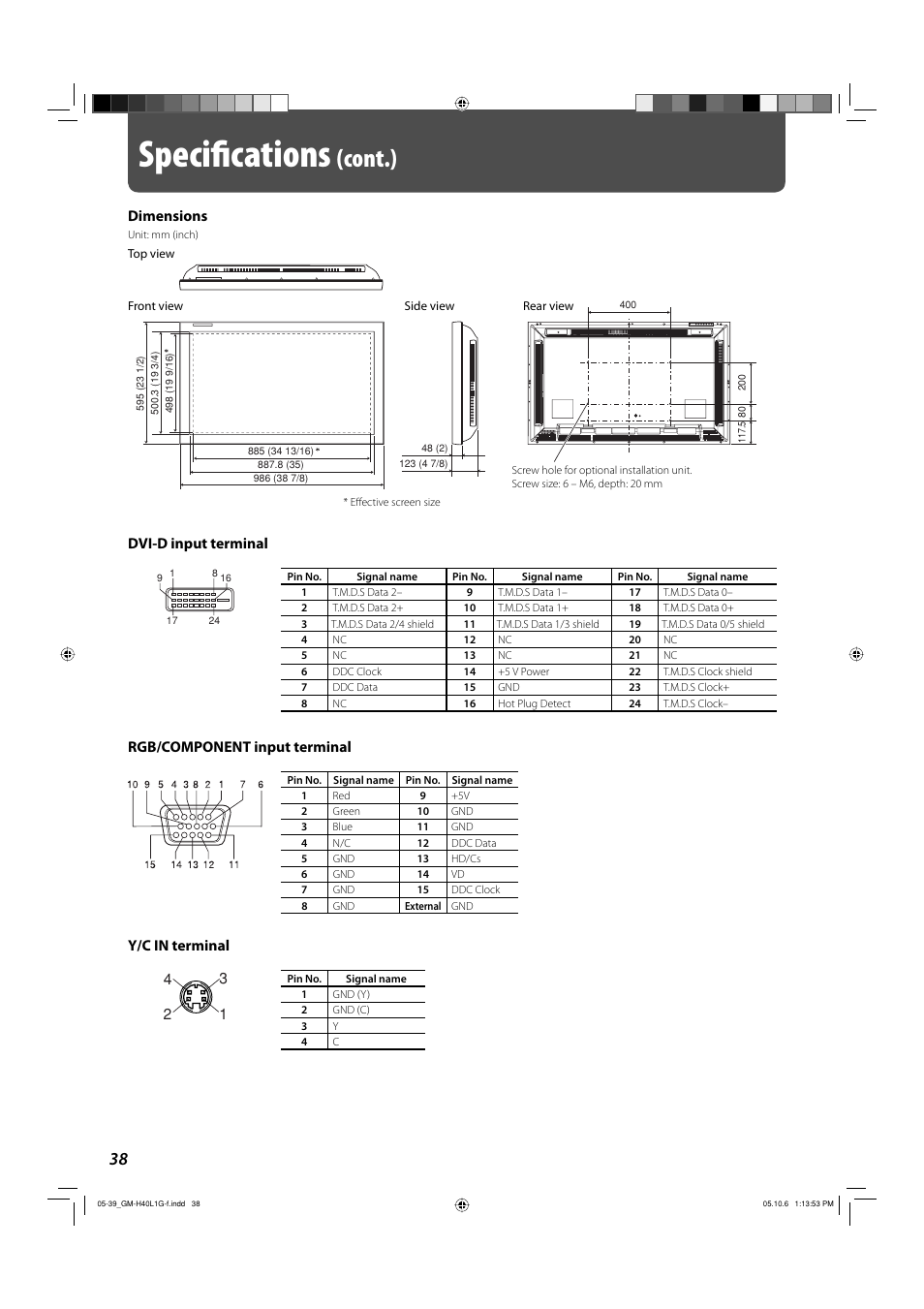 Speciﬁ cations, Cont.), Dimensions | Rgb/component input terminal, Y/c in terminal dvi-d input terminal | JVC GM-H40L1G User Manual | Page 38 / 40