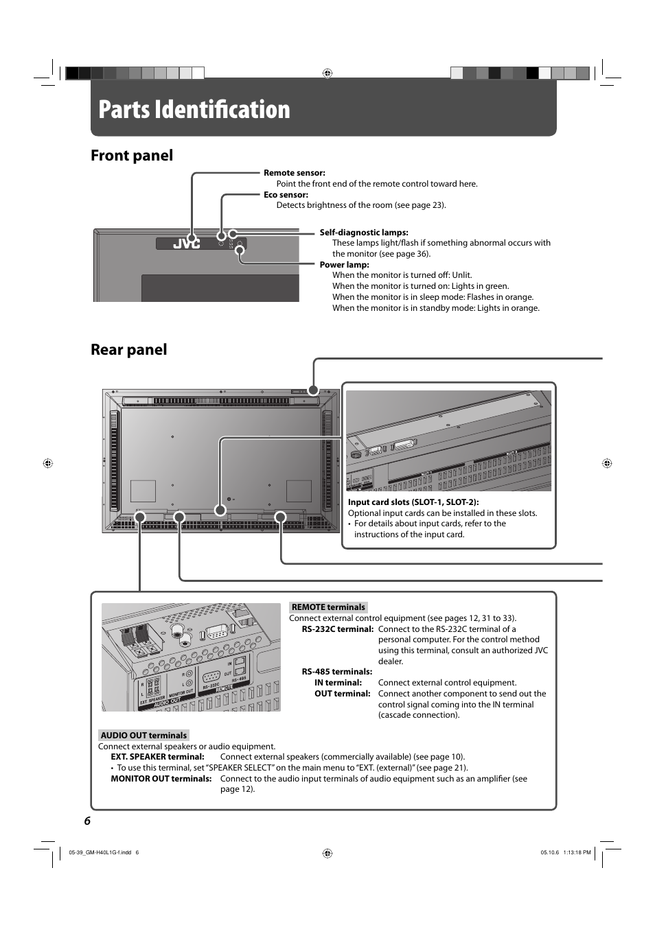 Parts identification, Front panel, Rear panel | Parts identiﬁ cation, Front panel rear panel | JVC GM-H40L1G User Manual | Page 6 / 40