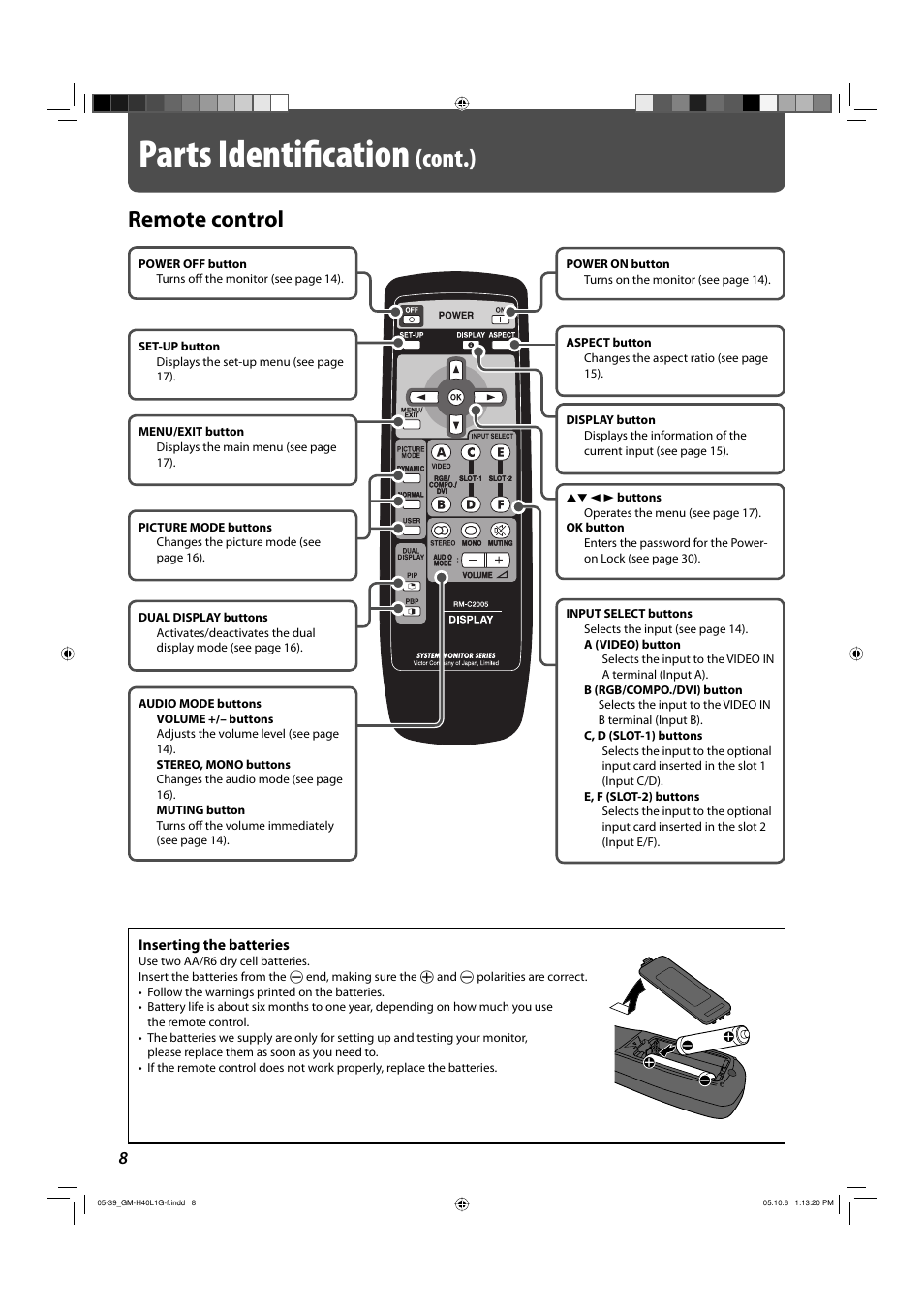 Remote control, Parts identiﬁ cation, Cont.) | JVC GM-H40L1G User Manual | Page 8 / 40