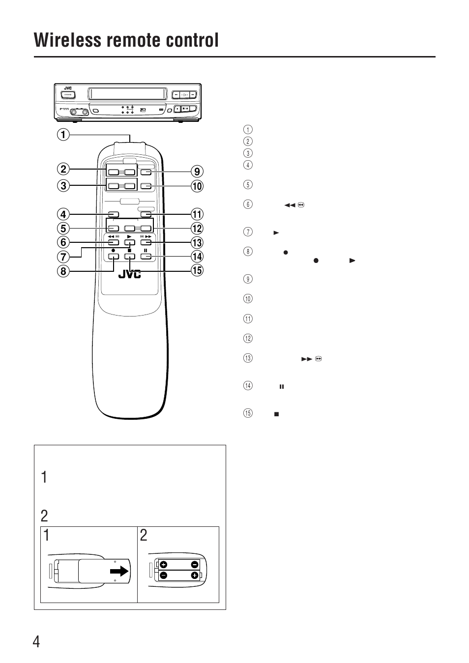 Wireless remote control, Installing batteries | JVC HR-P111EE User Manual | Page 4 / 12