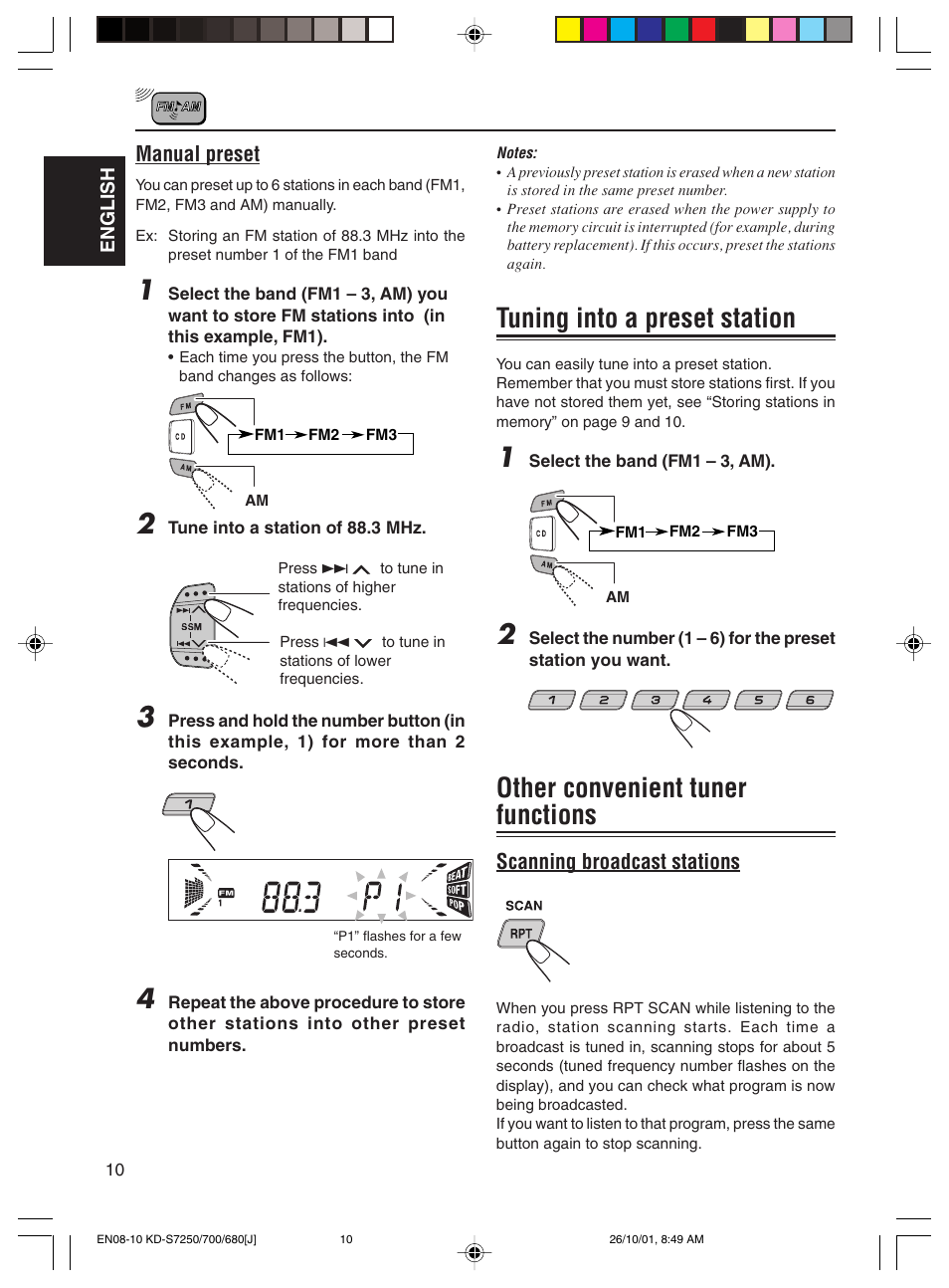 Tuning into a preset station, Other convenient tuner functions, Manual preset | Scanning broadcast stations | JVC KD-S700 User Manual | Page 10 / 27