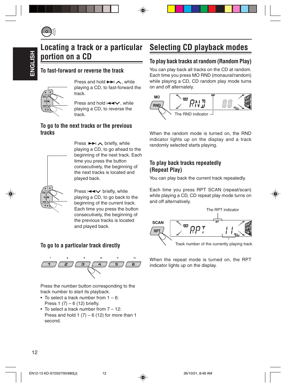 Selecting cd playback modes, Locating a track or a particular portion on a cd | JVC KD-S700 User Manual | Page 12 / 27