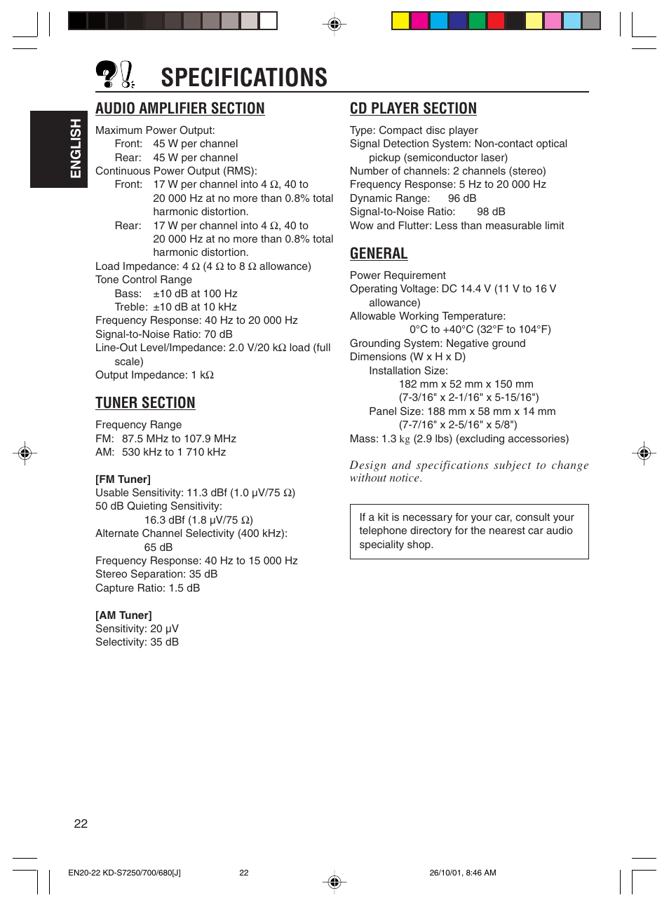 Specifications, General | JVC KD-S700 User Manual | Page 22 / 27