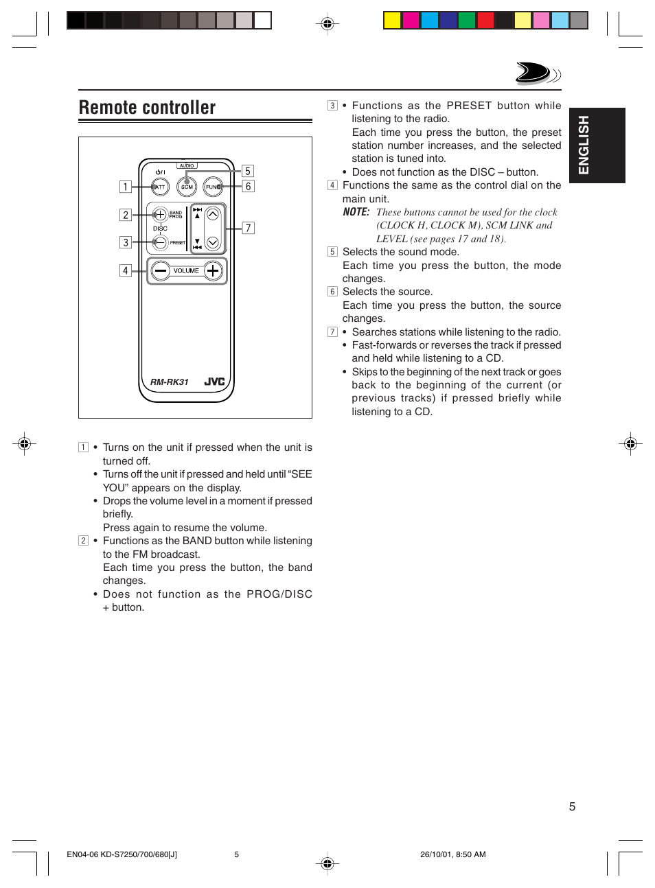 Remote controller | JVC KD-S700 User Manual | Page 5 / 27