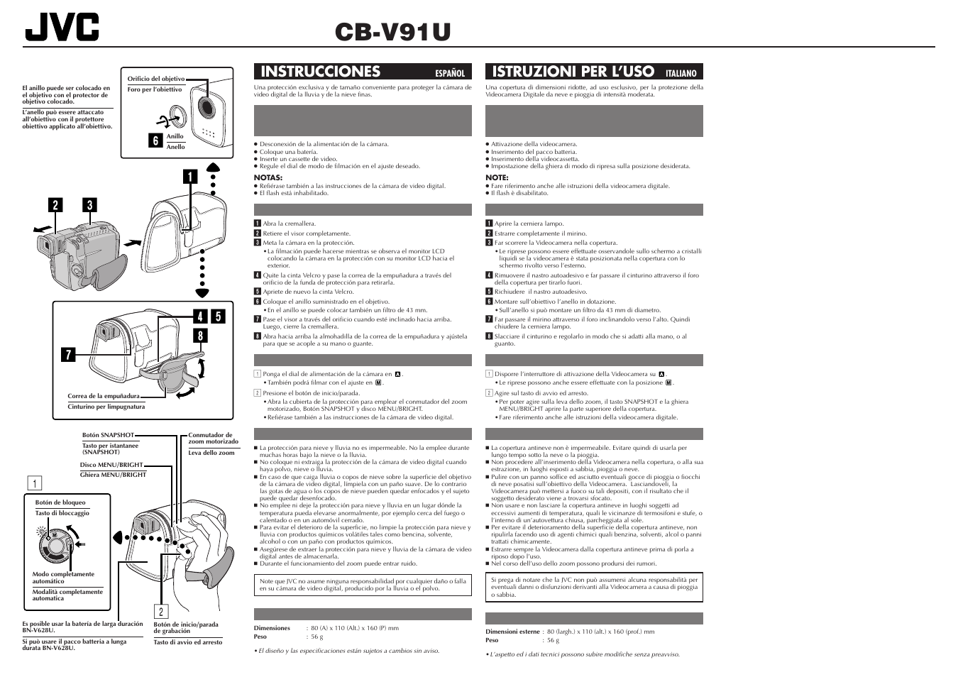 Cb-v91u, Snow & rain jacket, Instrucciones | Istruzioni per l’uso | JVC CB-V91U User Manual | Page 2 / 2