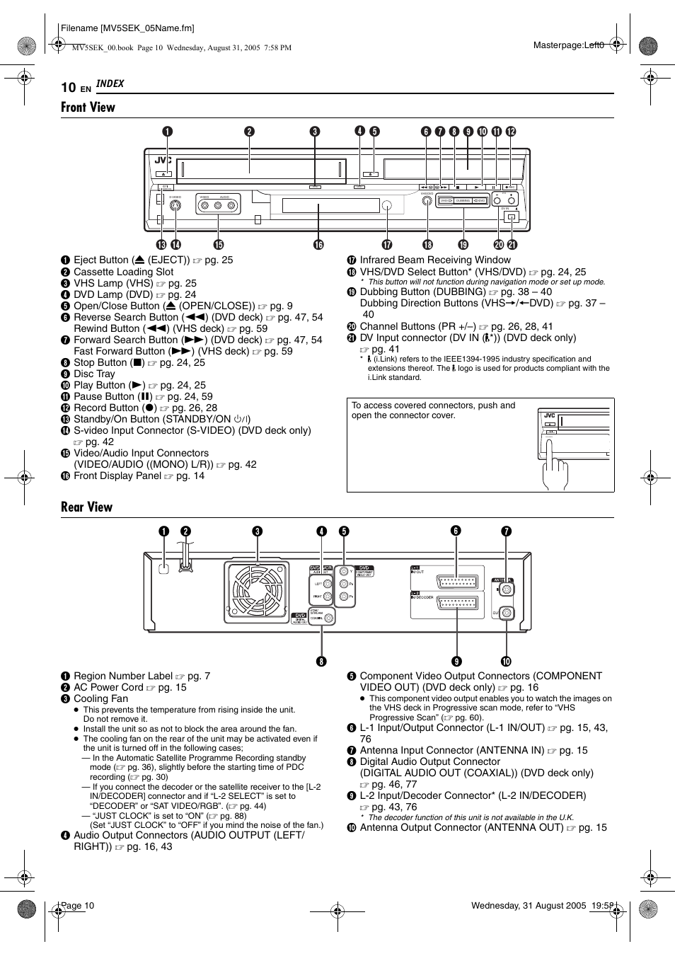 Index, Front view, Rear view | JVC DR-MV5BEK User Manual | Page 10 / 100