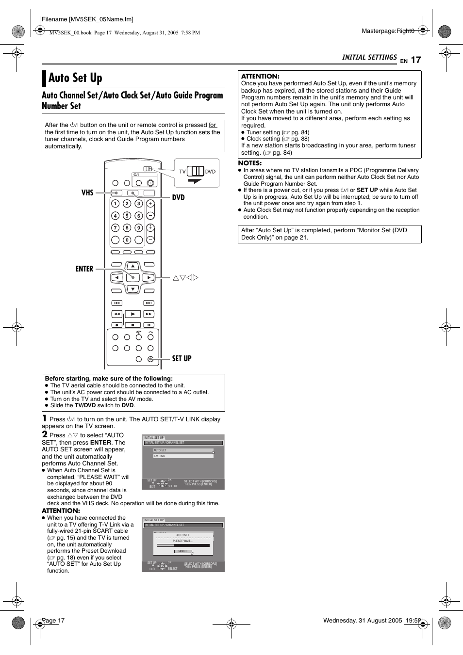 Initial settings, Auto set up, Enter dvd vhs set up | JVC DR-MV5BEK User Manual | Page 17 / 100