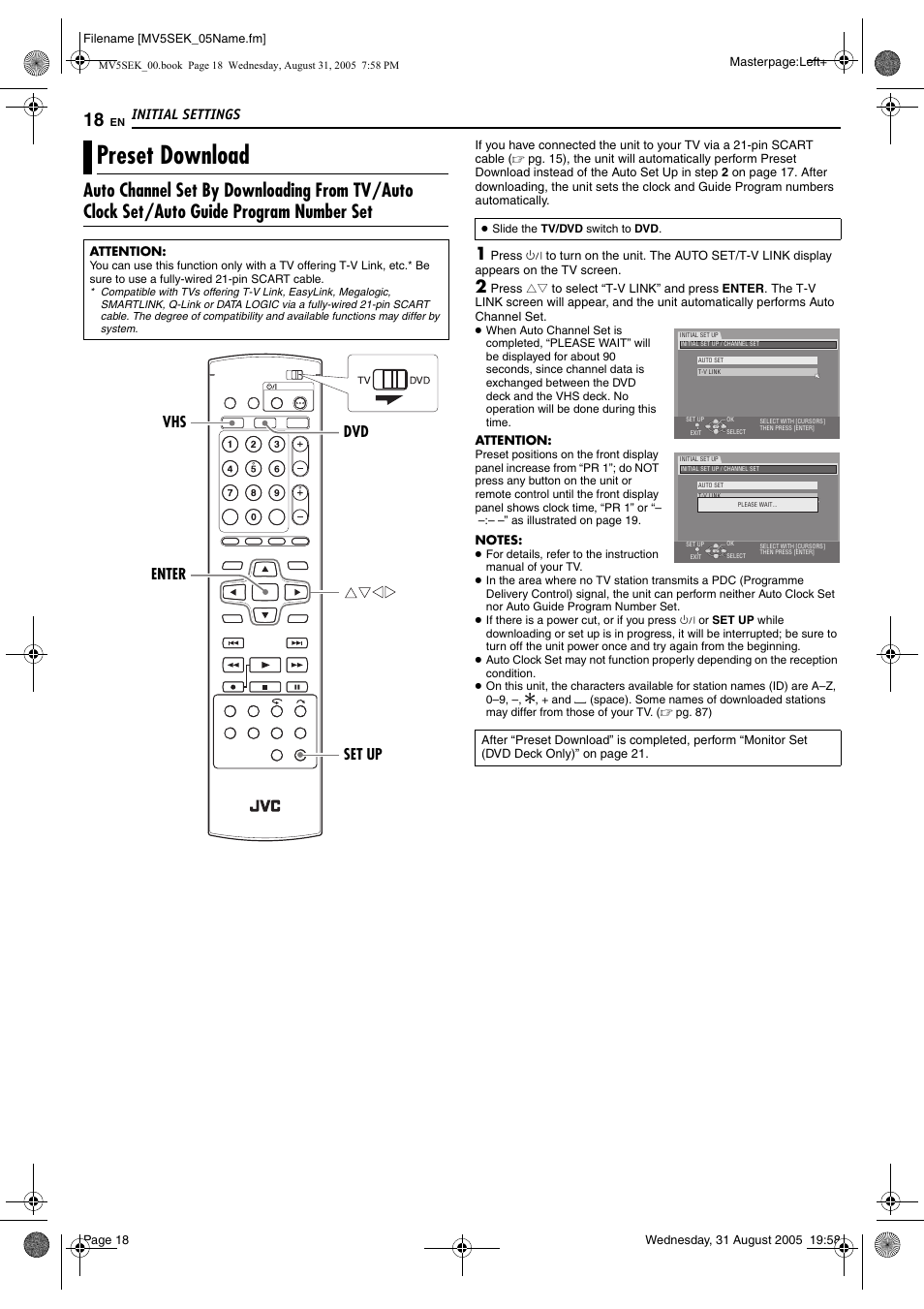 Preset download, Pg. 18) e, Initial settings | Enter dvd vhs set up | JVC DR-MV5BEK User Manual | Page 18 / 100