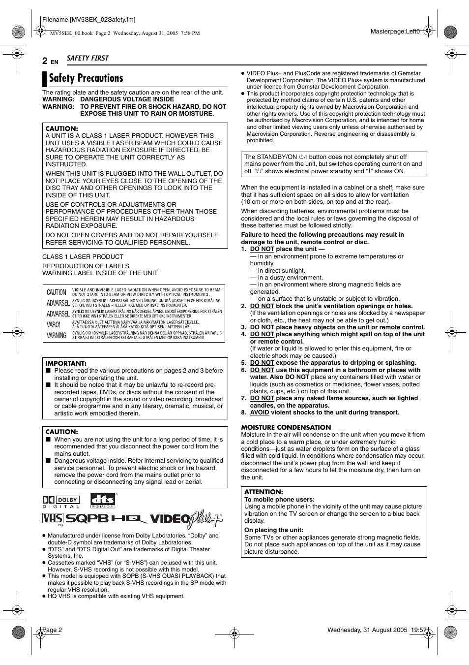 Safety first, Safety precautions | JVC DR-MV5BEK User Manual | Page 2 / 100