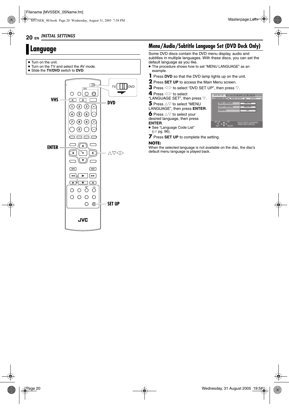 Language, Menu/audio/subtitle language set (dvd deck only), Pg. 20 | Enter) | JVC DR-MV5BEK User Manual | Page 20 / 100