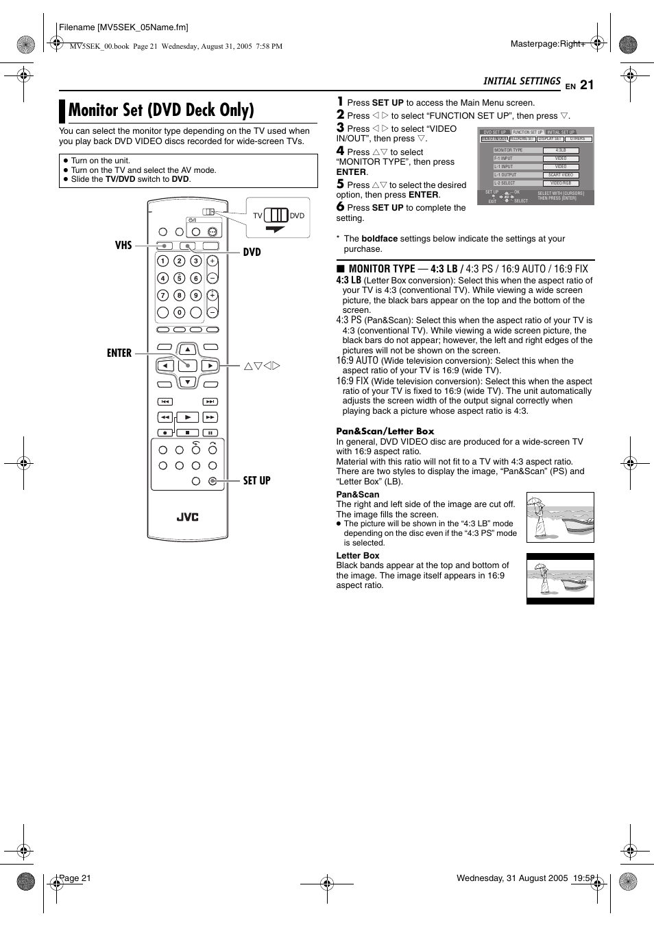 Monitor set (dvd deck only), Monitor set (dvd deck only)” on, Initial settings | Enter dvd vhs set up | JVC DR-MV5BEK User Manual | Page 21 / 100