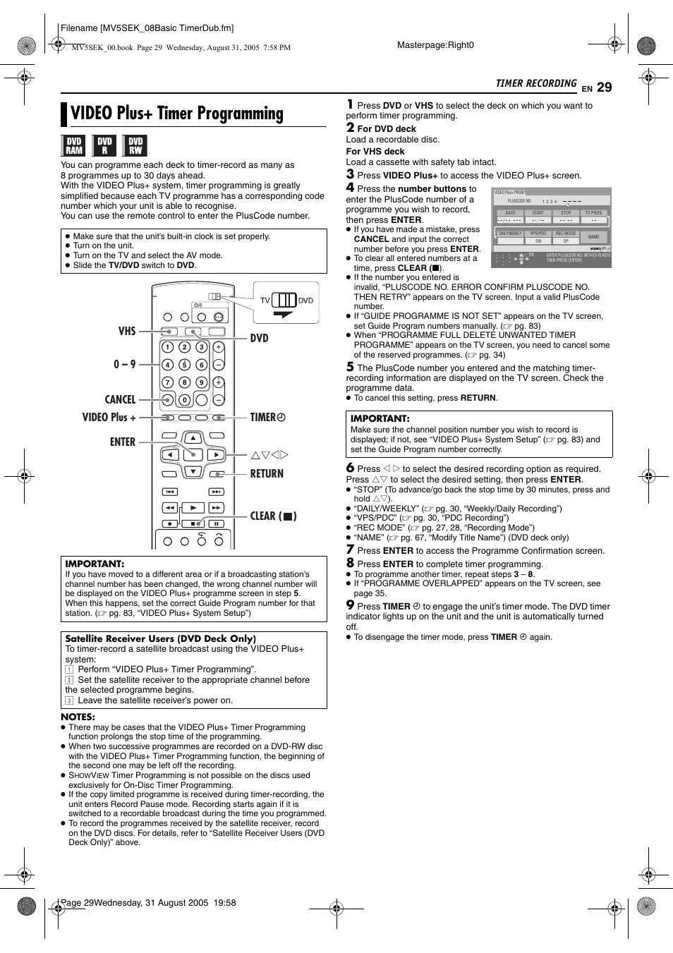 Timer recording, Video plus+ timer programming, Button | Pg. 29, Pg. 29, 31, 32, Vps/pdc indicator, Mming, Pg. 29) | JVC DR-MV5BEK User Manual | Page 29 / 100