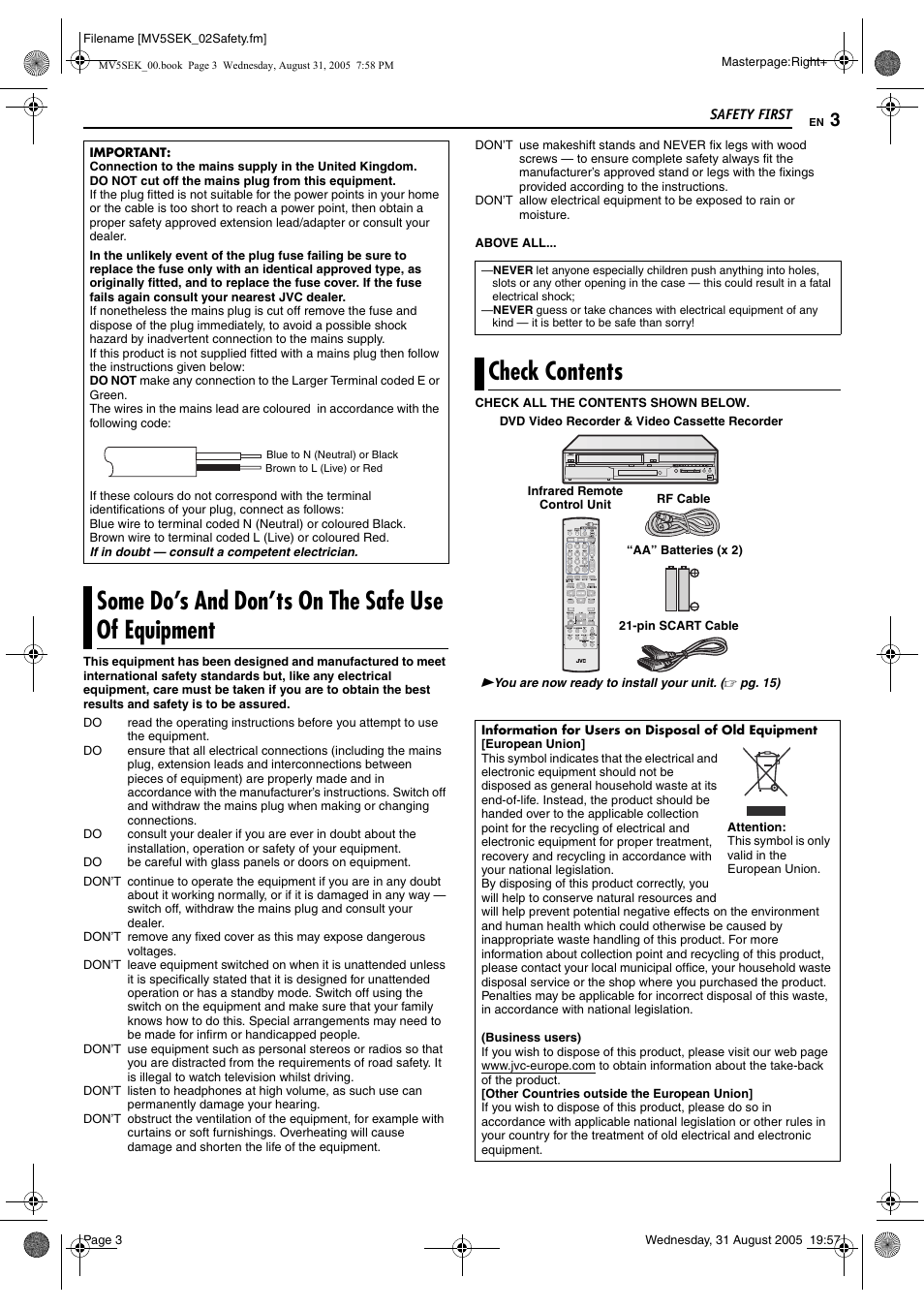 Some do’s and don’ts on the safe use of equipment, Check contents | JVC DR-MV5BEK User Manual | Page 3 / 100