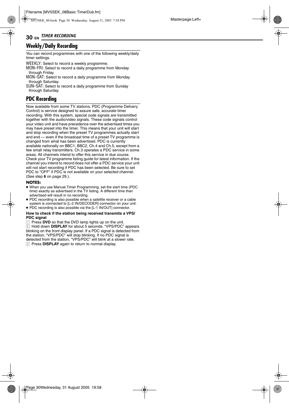 Weekly/daily recording, Pdc recording, Pg. 30) | Pg. 30, Pg. 30, “weekly/daily recording”), Pg. 30, “pdc recording”) | JVC DR-MV5BEK User Manual | Page 30 / 100