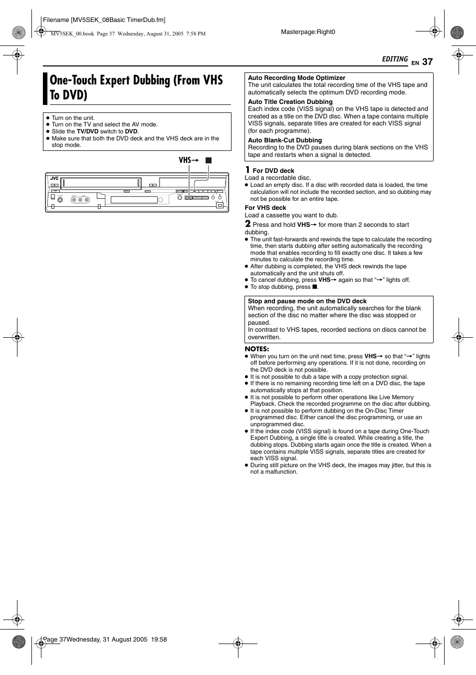 Editing, One-touch expert dubbing (from vhs to dvd), Pg. 37 | JVC DR-MV5BEK User Manual | Page 37 / 100