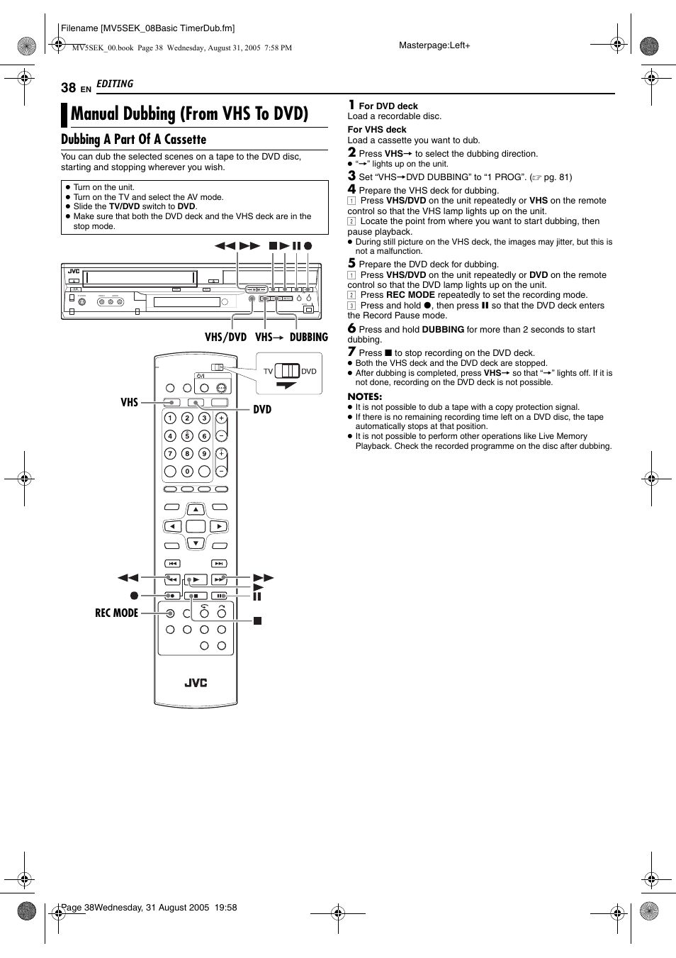 Manual dubbing (from vhs to dvd), Dubbing a part of a cassette, Ubbing) | Pg. 38 | JVC DR-MV5BEK User Manual | Page 38 / 100