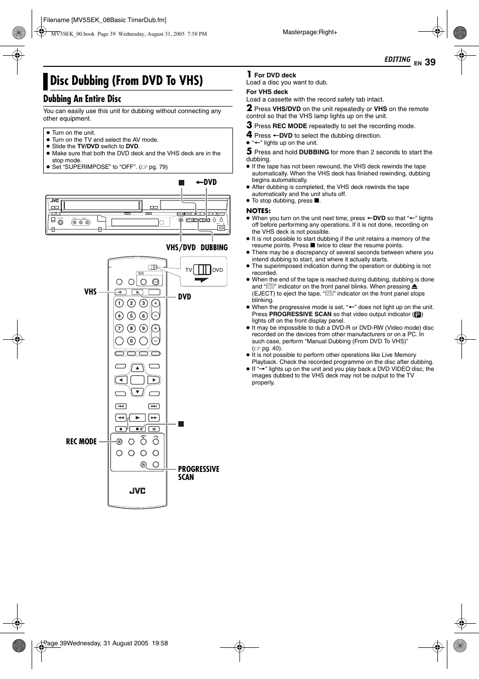 Disc dubbing (from dvd to vhs), Dubbing an entire disc | JVC DR-MV5BEK User Manual | Page 39 / 100