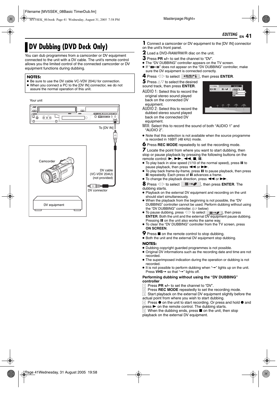 Dv dubbing (dvd deck only), Pg. 41 | JVC DR-MV5BEK User Manual | Page 41 / 100