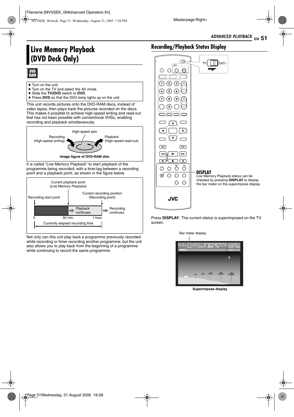 Live memory playback (dvd deck only), Recording/playback status display | JVC DR-MV5BEK User Manual | Page 51 / 100