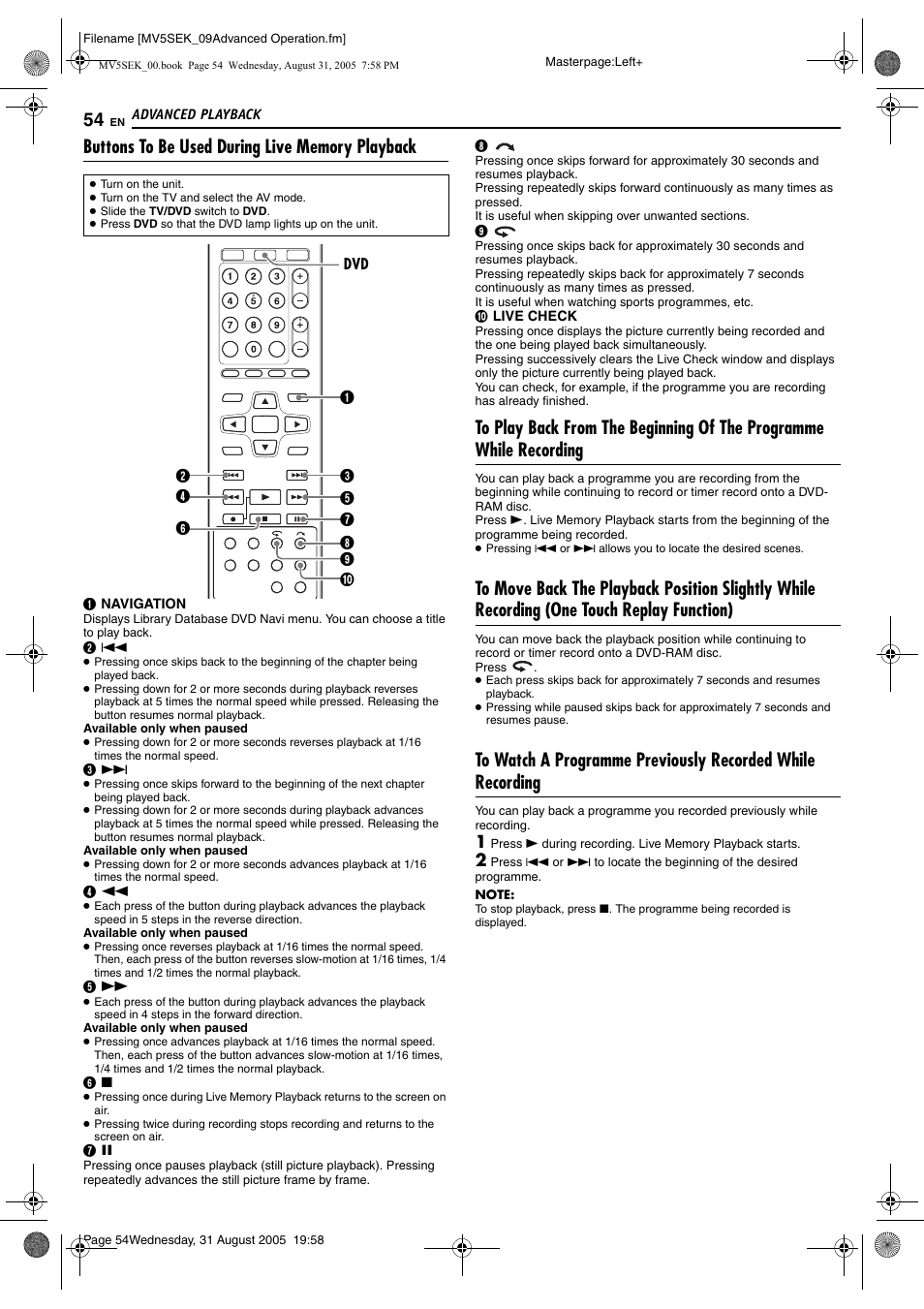 Buttons to be used during live memory playback, Check), Pg. 54 | JVC DR-MV5BEK User Manual | Page 54 / 100