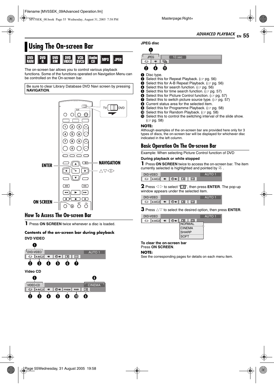 Using the on-screen bar, How to access the on-screen bar, Basic operation on the on-screen bar | JVC DR-MV5BEK User Manual | Page 55 / 100