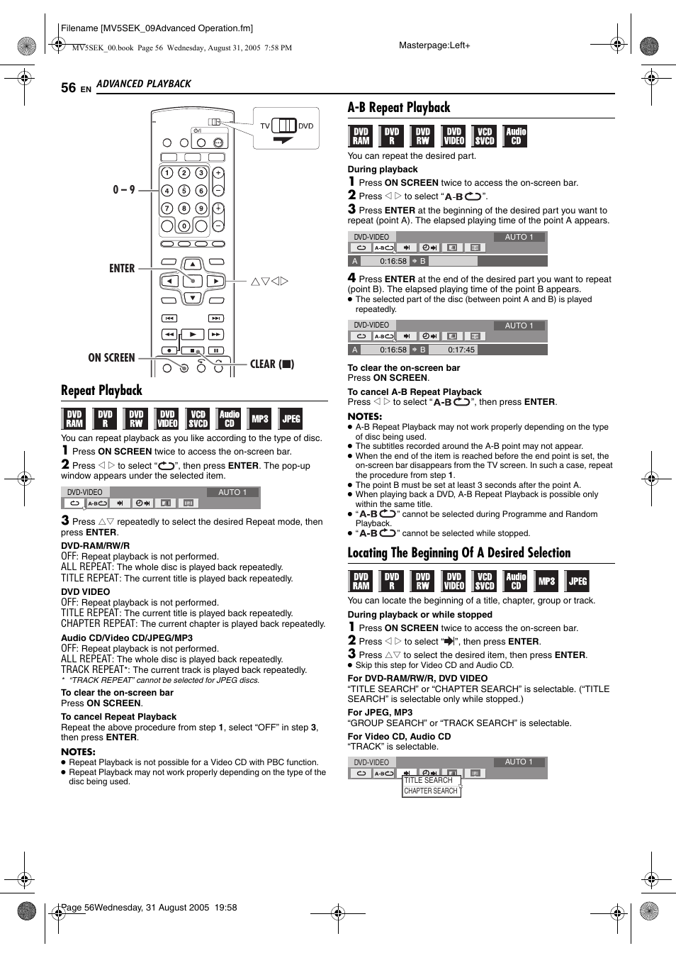 Repeat playback, A-b repeat playback, Locating the beginning of a desired selection | 1/a–b), Pg. 56, Pg. 56), R search function | JVC DR-MV5BEK User Manual | Page 56 / 100