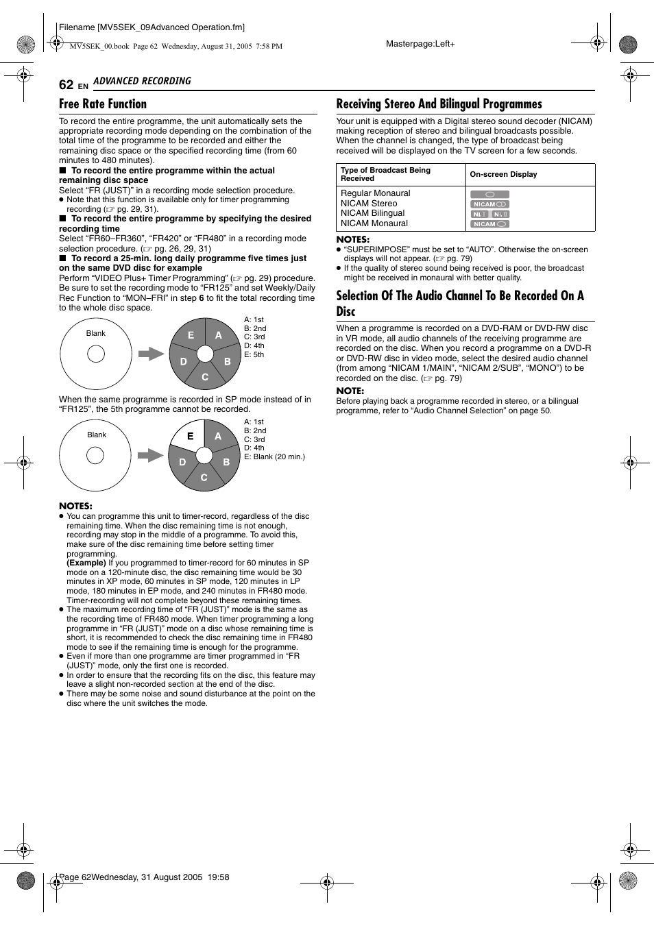 Free rate function, Receiving stereo and bilingual programmes, Pg. 62) | JVC DR-MV5BEK User Manual | Page 62 / 100